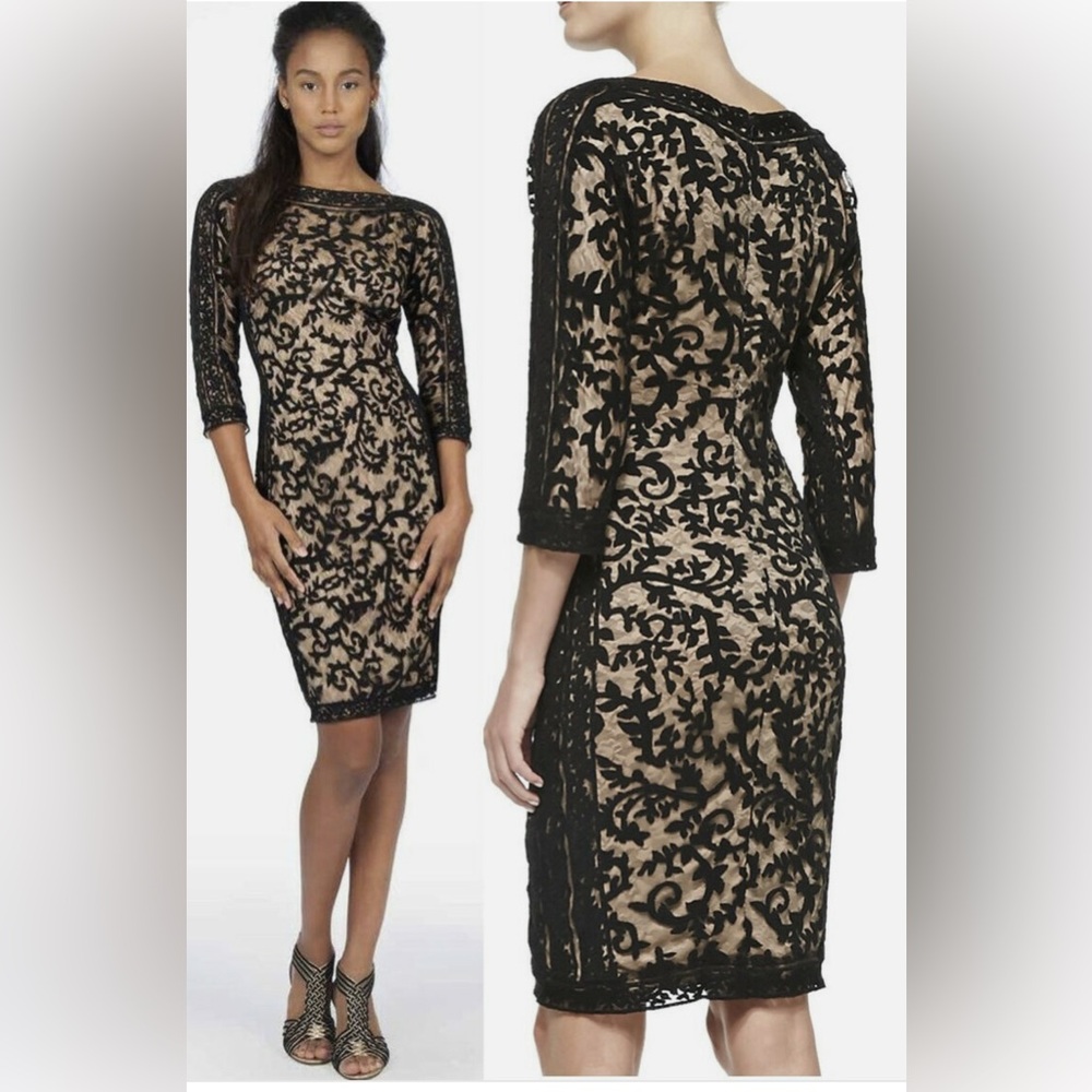 Tadashi Shoji Black Lace Overlay Nude Dress 8 Back Zip Formal Event Designer